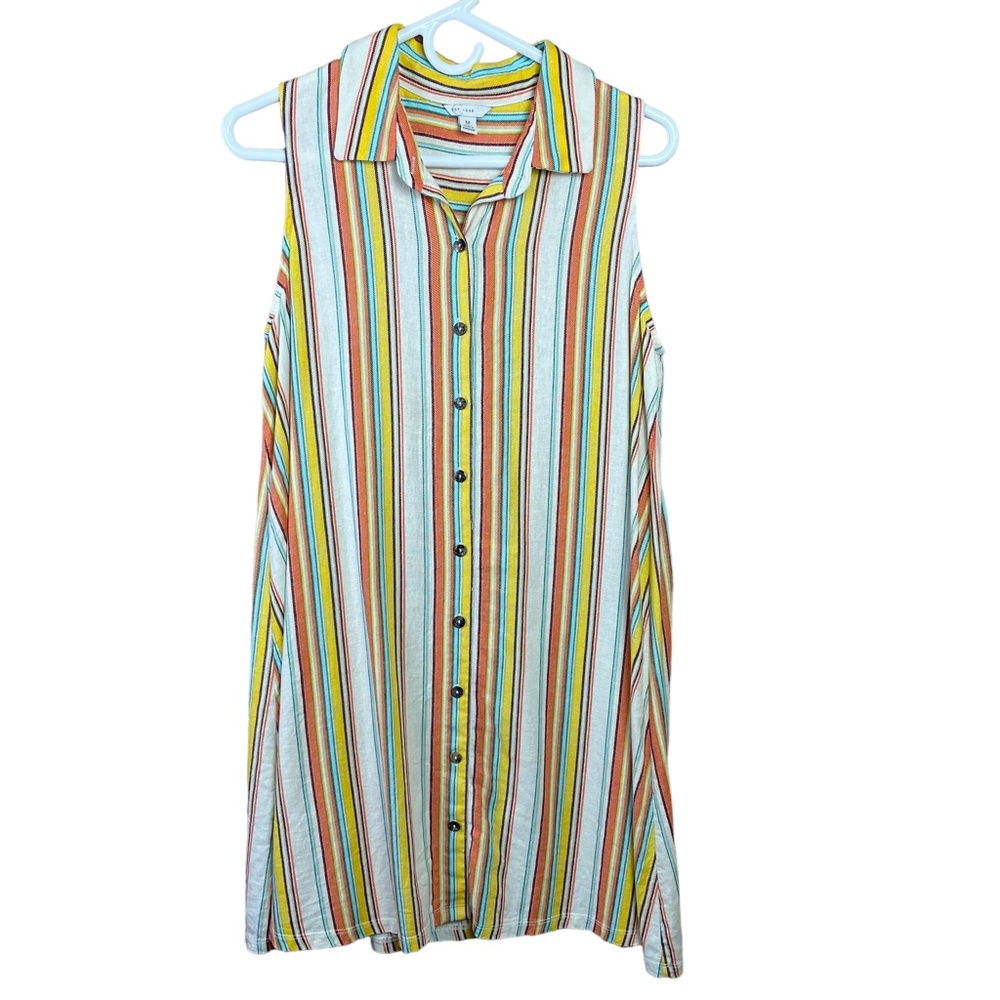 Cato Brand Linen Blend Striped Button Up Sleeveless Dress Size Medium